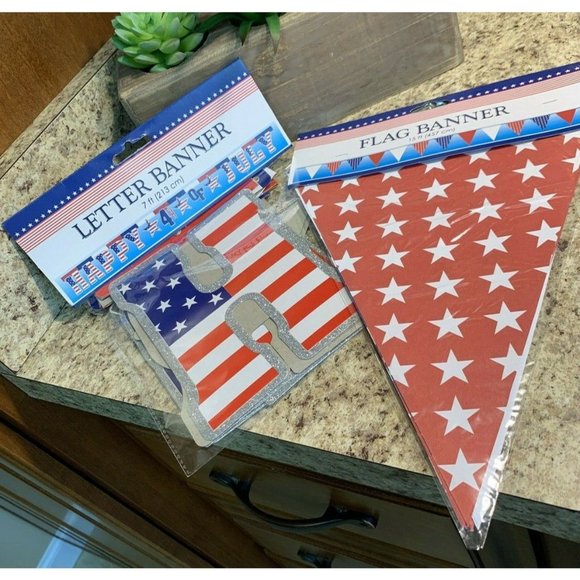 Happy 4th of July 7ft Letter Banner & 15ft Flag Banner 4th of July Decor G1 - Picture 1 of 4